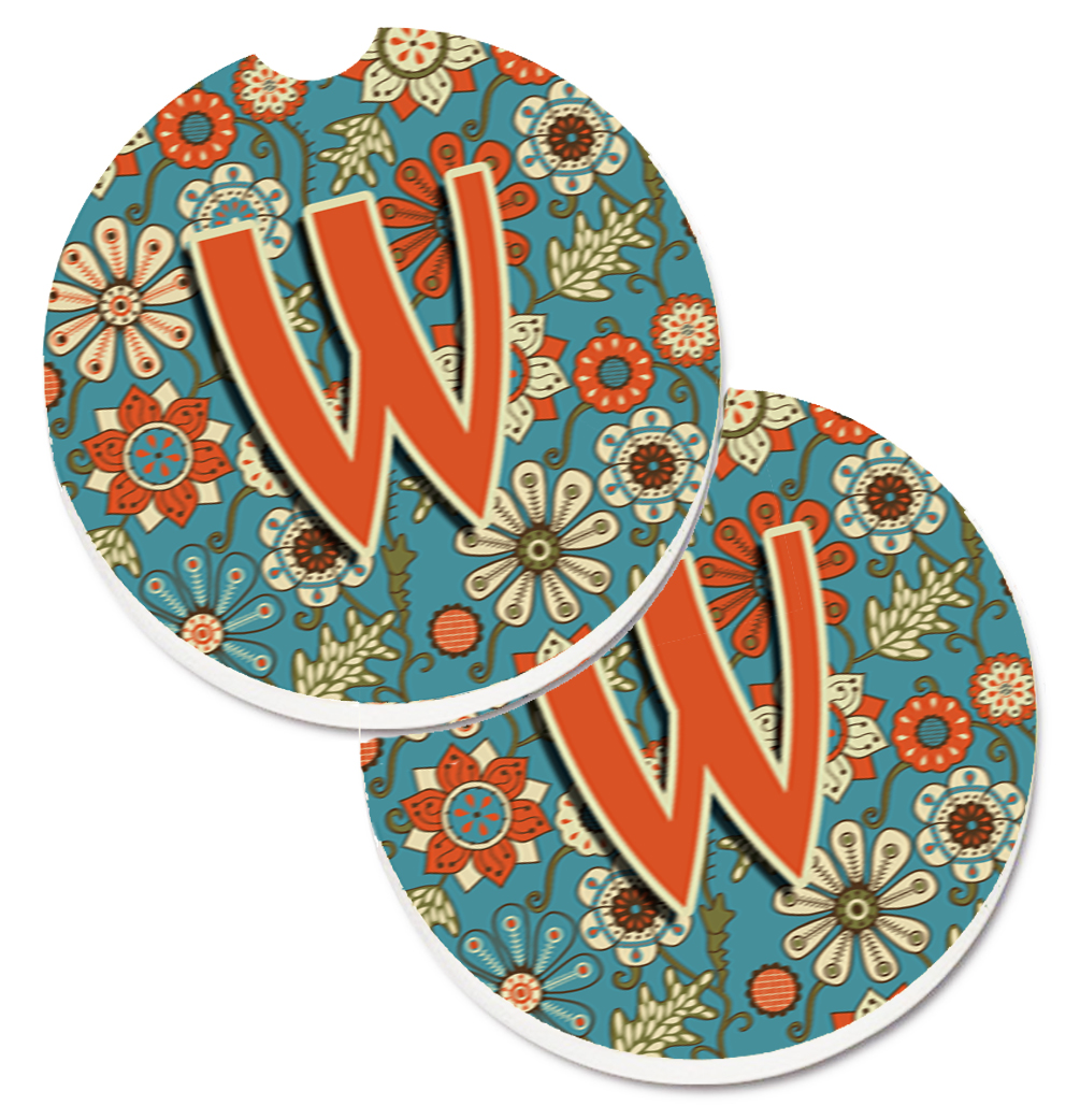 CJ2012-WCARC Letter W Flowers Retro Blue Set of 2 Cup Holder Car Coaster