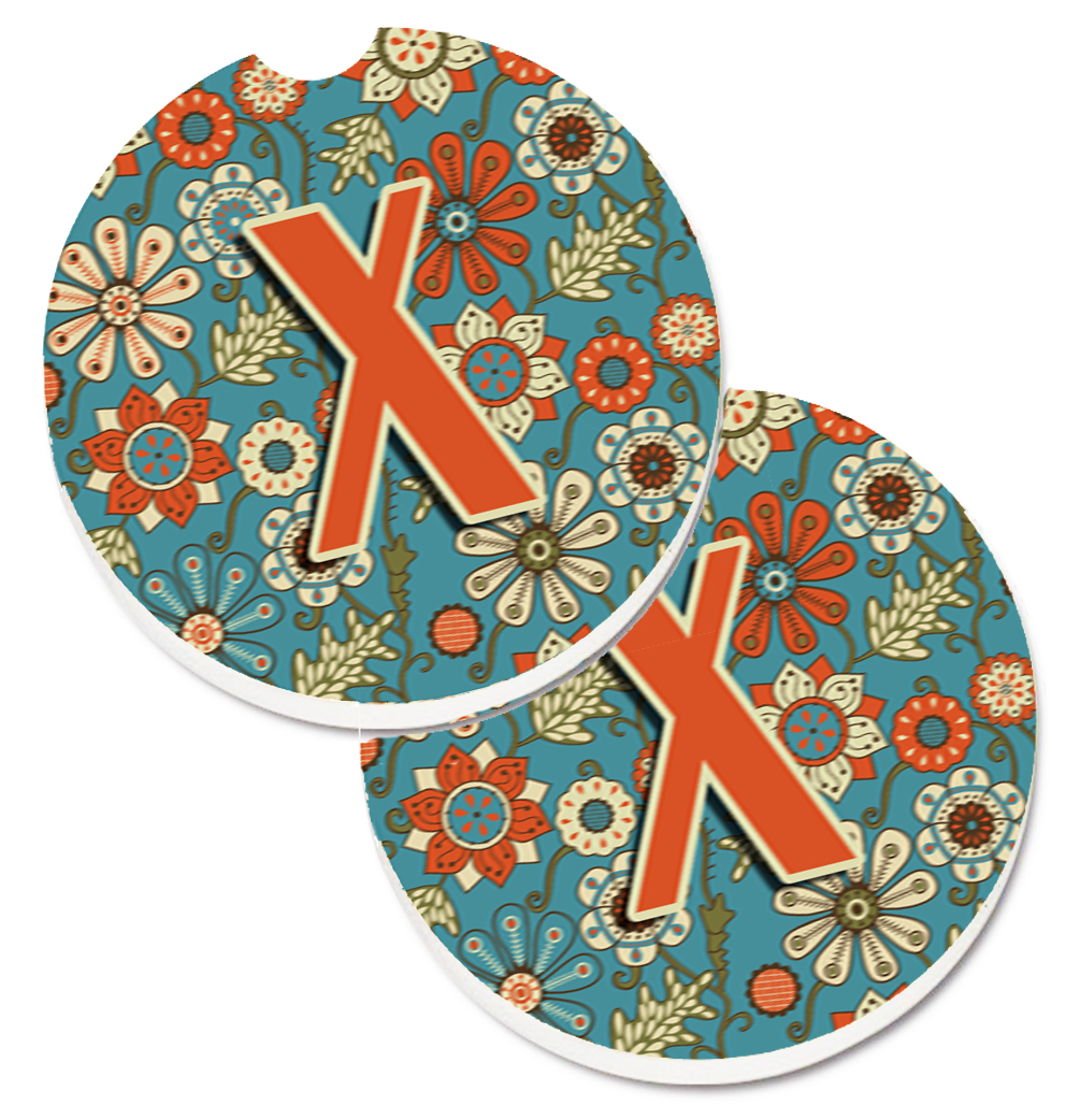CJ2012-XCARC Letter X Flowers Retro Blue Set of 2 Cup Holder Car Coaster