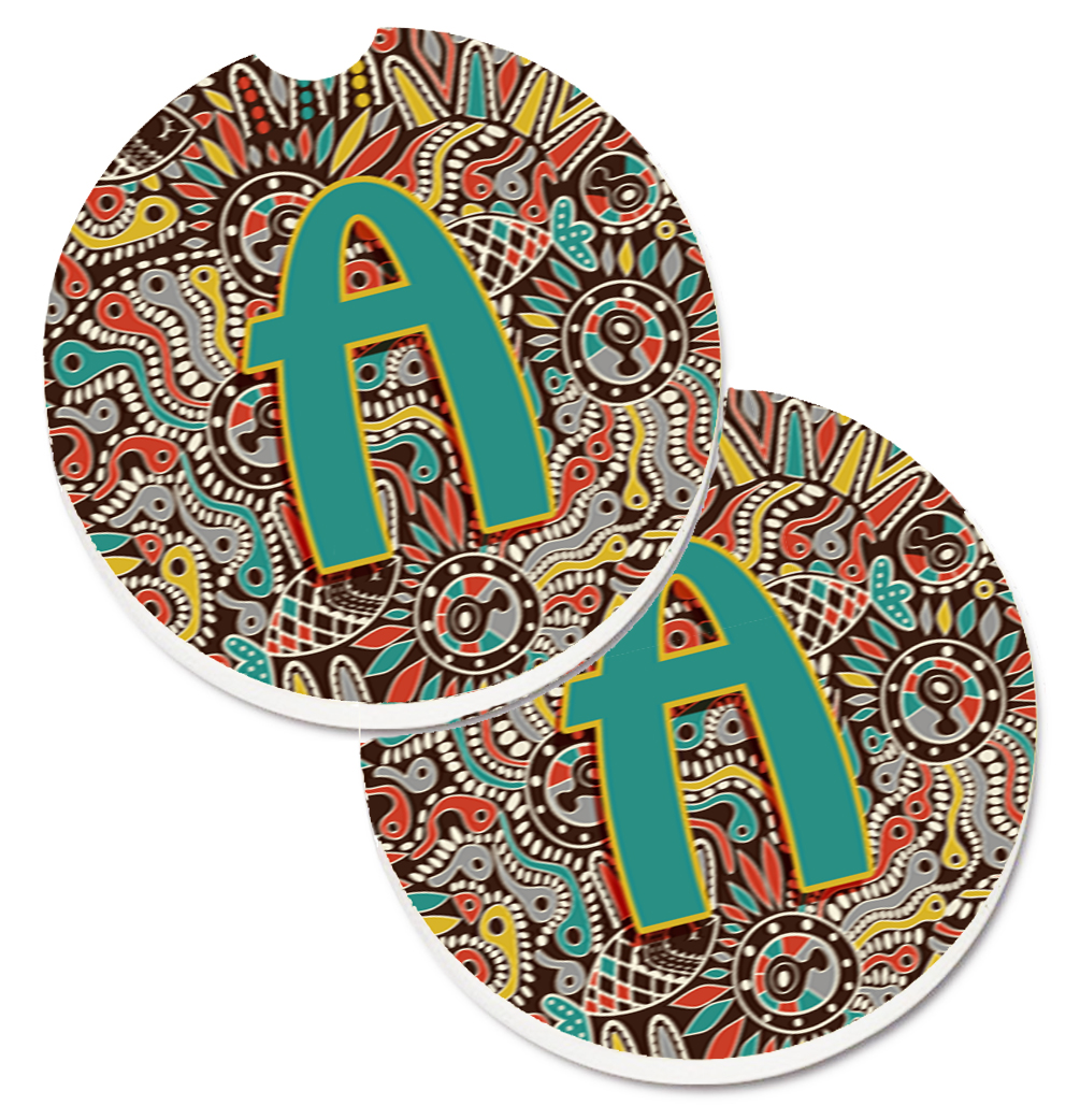 Letter A Retro Tribal Alphabet Initial Set of 2 Cup Holder Car Coaster