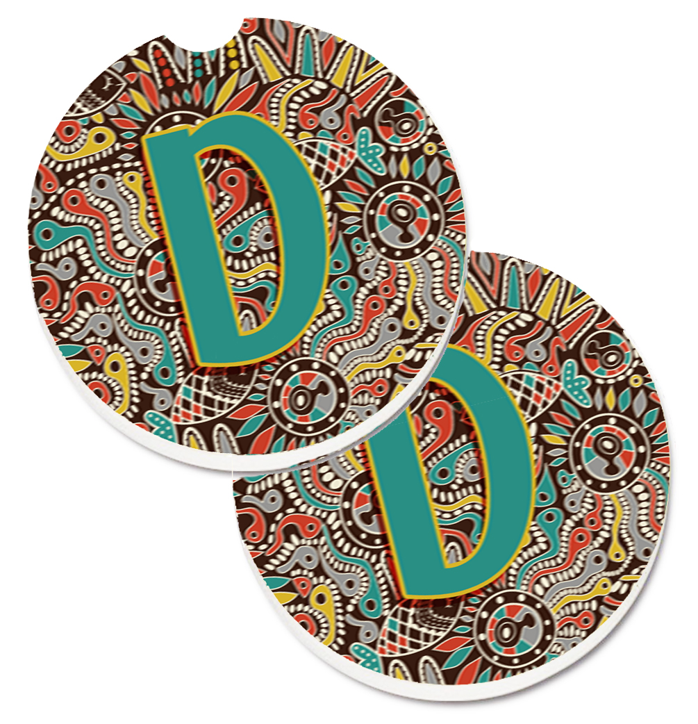 CJ2013-DCARC Letter D Retro Tribal Alphabet Initial Set of 2 Cup Holder Car Coaster