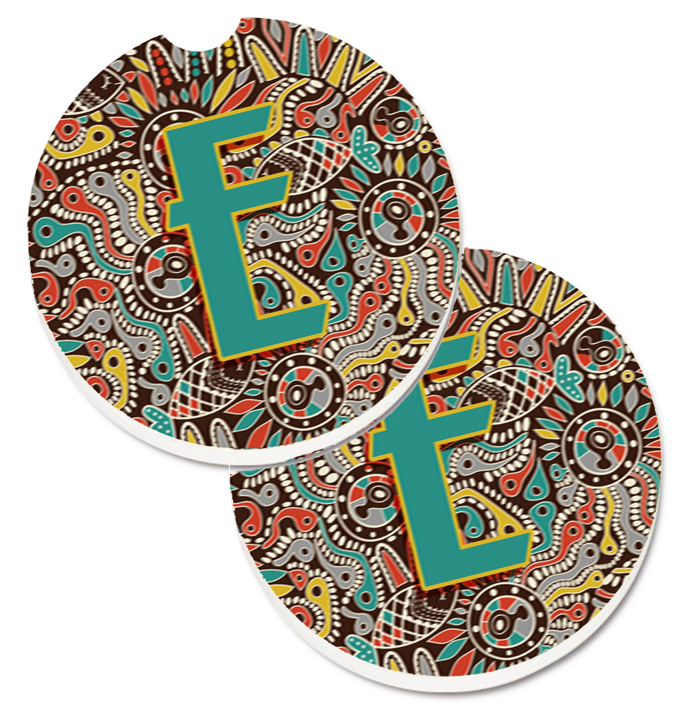 CJ2013-ECARC Letter E Retro Tribal Alphabet Initial Set of 2 Cup Holder Car Coaster