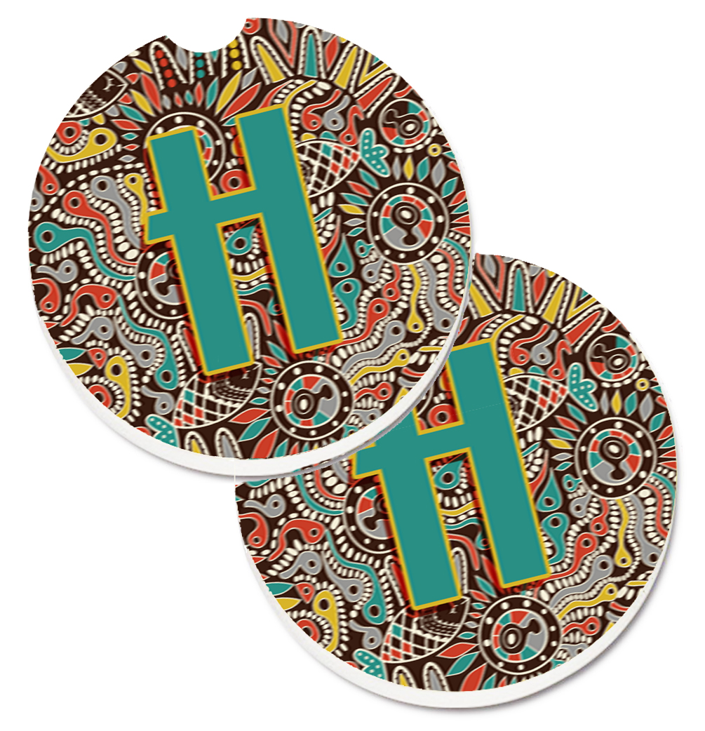 CJ2013-HCARC Letter H Retro Tribal Alphabet Initial Set of 2 Cup Holder Car Coaster