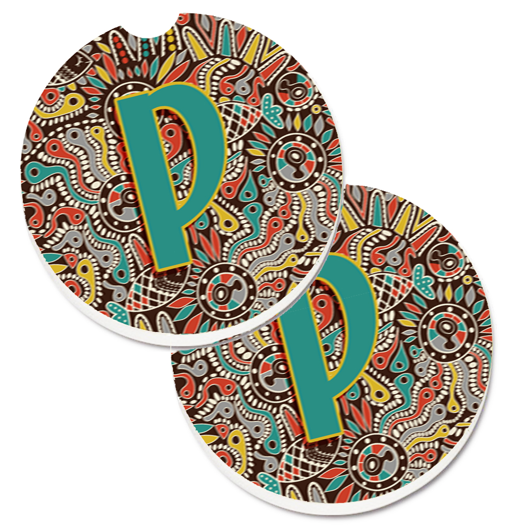 CJ2013-PCARC Letter P Retro Tribal Alphabet Initial Set of 2 Cup Holder Car Coaster