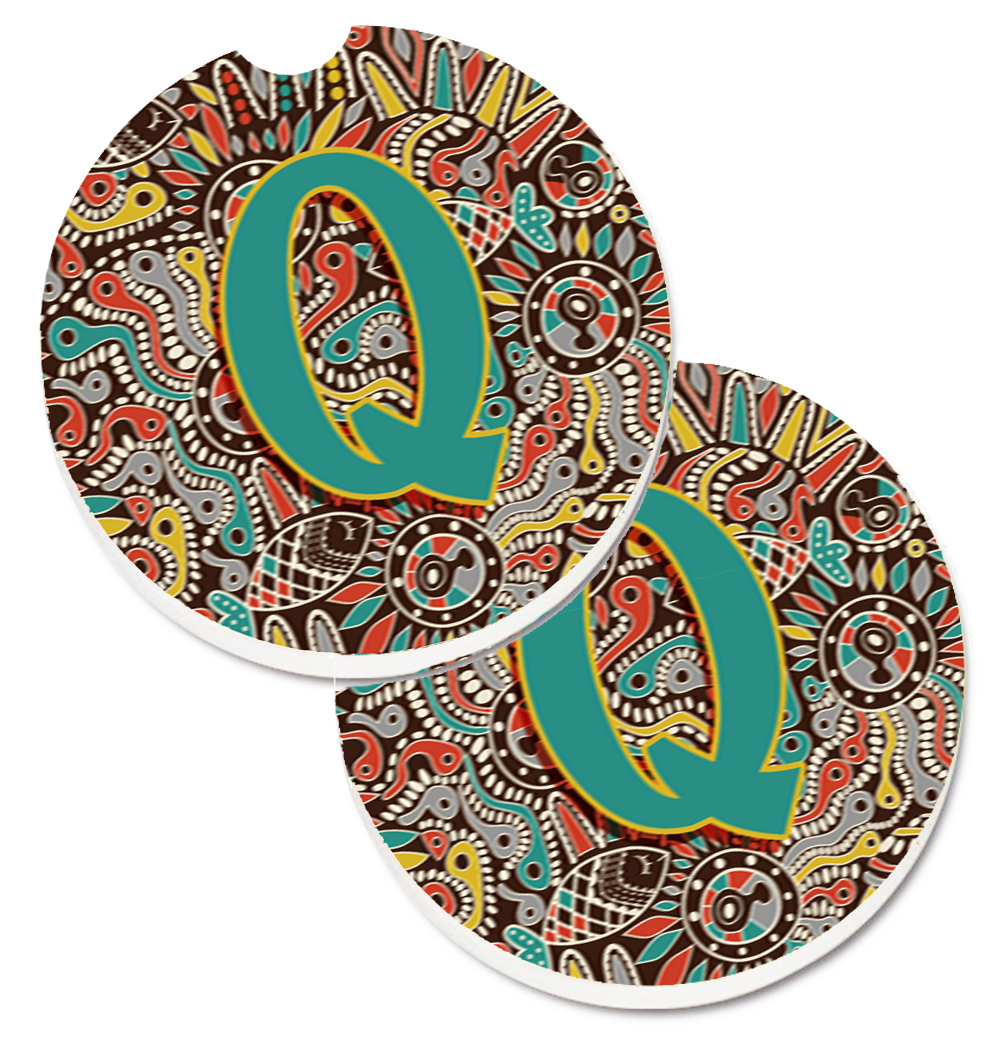 CJ2013-QCARC Letter Q Retro Tribal Alphabet Initial Set of 2 Cup Holder Car Coaster
