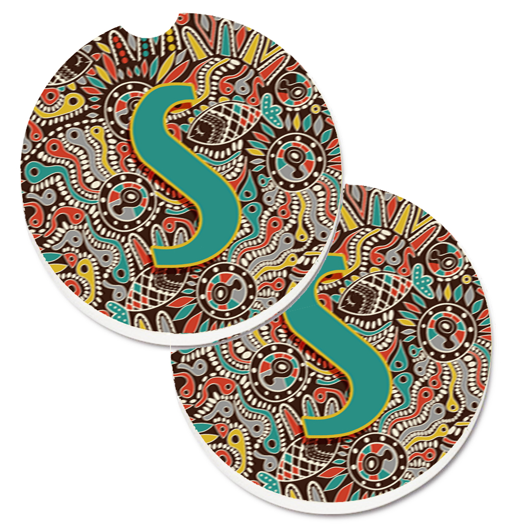CJ2013-SCARC Letter S Retro Tribal Alphabet Initial Set of 2 Cup Holder Car Coaster