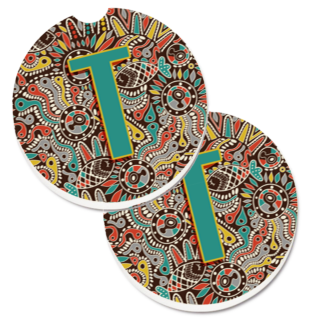 CJ2013-TCARC Letter T Retro Tribal Alphabet Initial Set of 2 Cup Holder Car Coaster