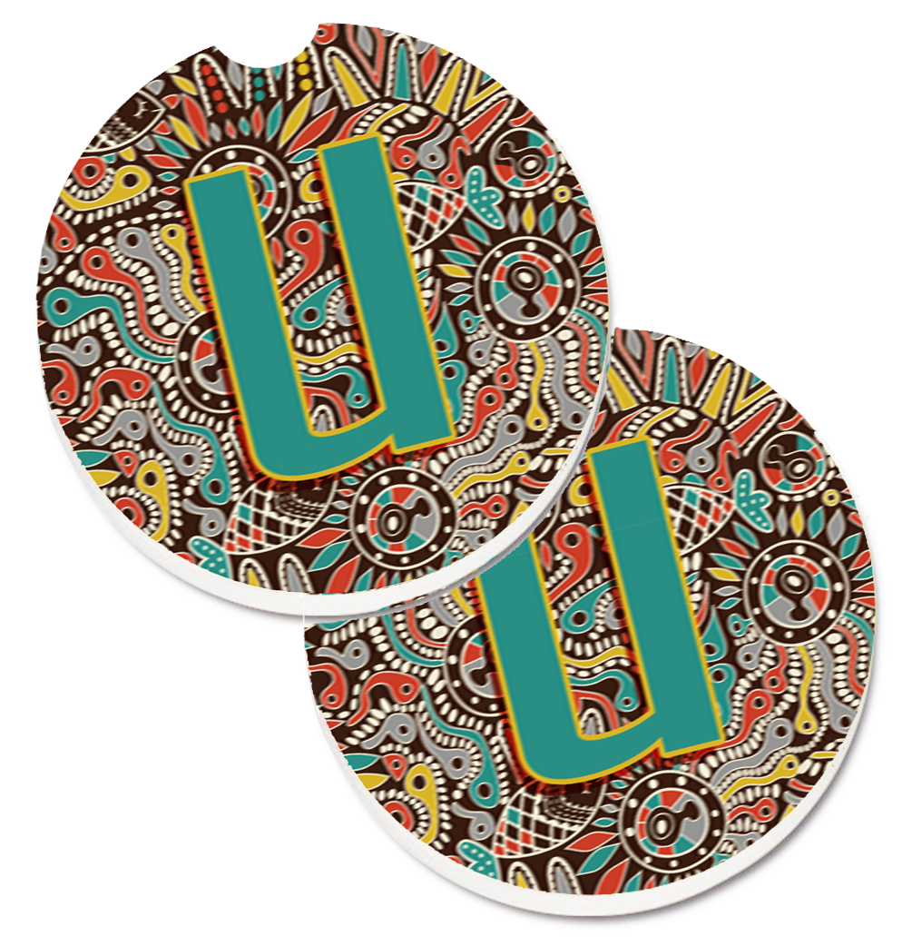 CJ2013-UCARC Letter U Retro Tribal Alphabet Initial Set of 2 Cup Holder Car Coaster