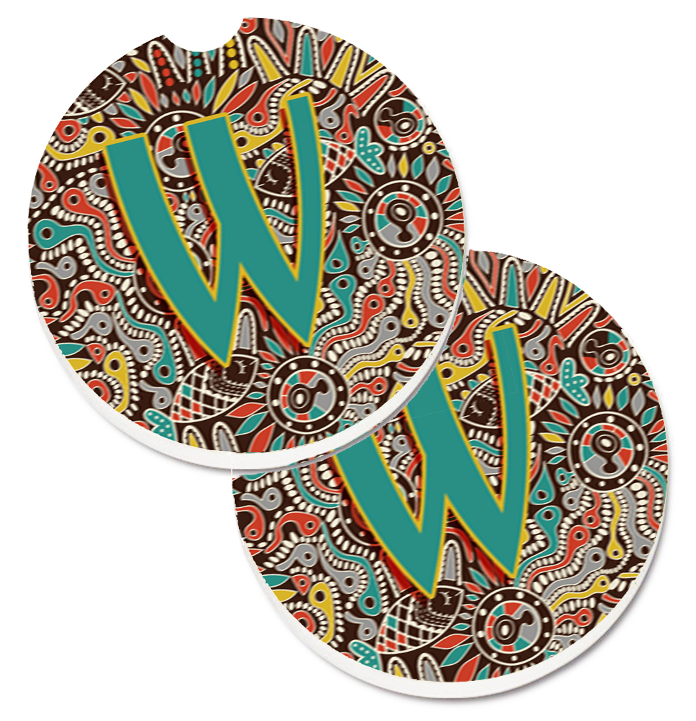 Letter W Retro Tribal Alphabet Initial Set of 2 Cup Holder Car Coaster