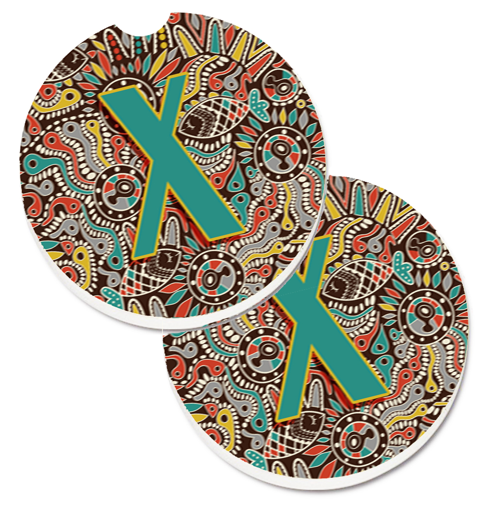 CJ2013-XCARC Letter X Retro Tribal Alphabet Initial Set of 2 Cup Holder Car Coaster