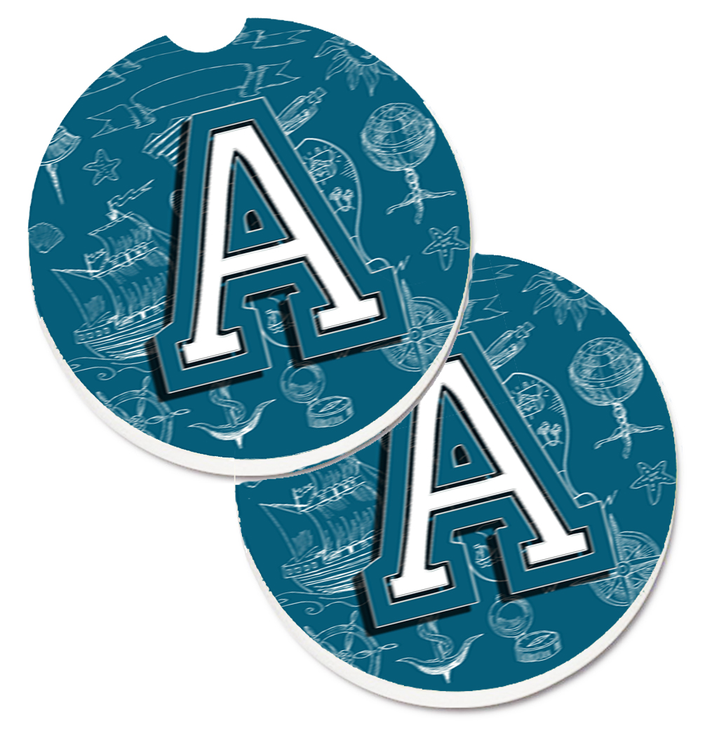 CJ2014-ACARC Letter A Sea Doodles Initial Alphabet Set of 2 Cup Holder Car Coaster