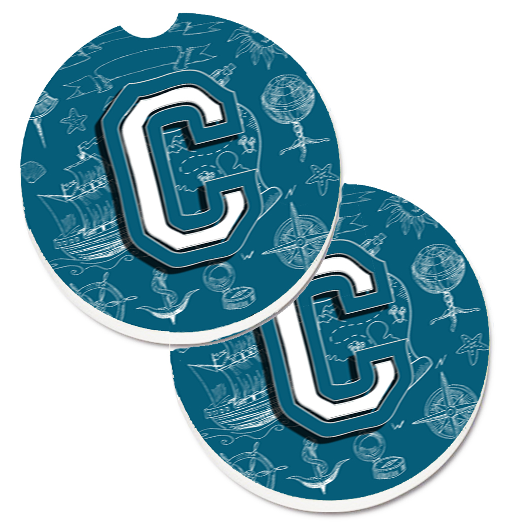 CJ2014-CCARC Letter C Sea Doodles Initial Alphabet Set of 2 Cup Holder Car Coaster