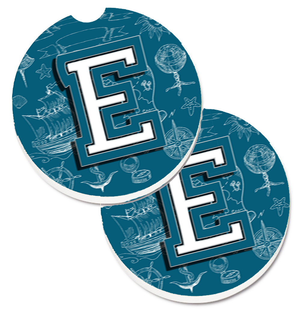 Letter E Sea Doodles Initial Alphabet Set of 2 Cup Holder Car Coaster