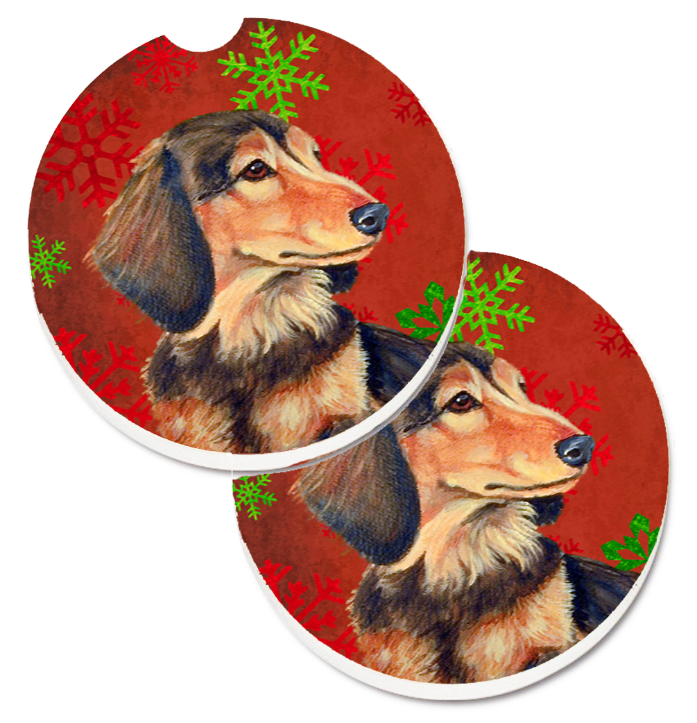 LH9346CARC Dachshund Red & Green Snowflakes Holiday Christmas Set of 2 Cup Holder Car Coaster