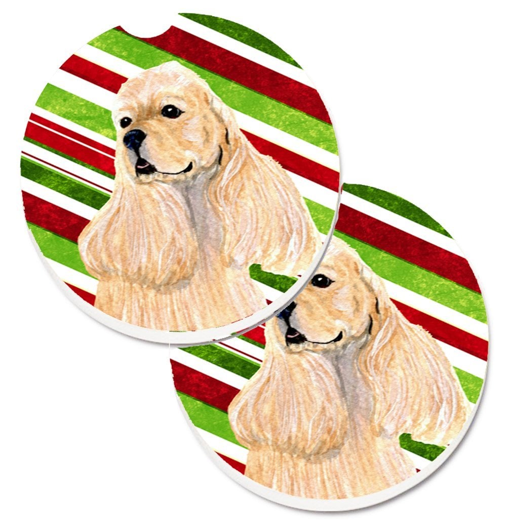 SS4591CARC Cocker Spaniel Candy Cane Holiday Christmas Set of 2 Cup Holder Car Coaster