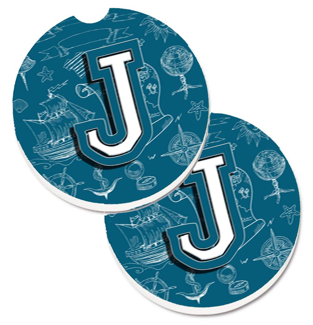 CJ2014-JCARC Letter J Sea Doodles Initial Alphabet Set of 2 Cup Holder Car Coaster