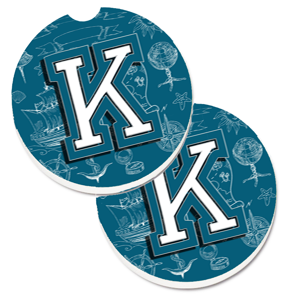 Picture of Carolines Treasures CJ2014-KCARC Letter K Sea Doodles Initial Alphabet Set of 2 Cup Holder Car Coaster