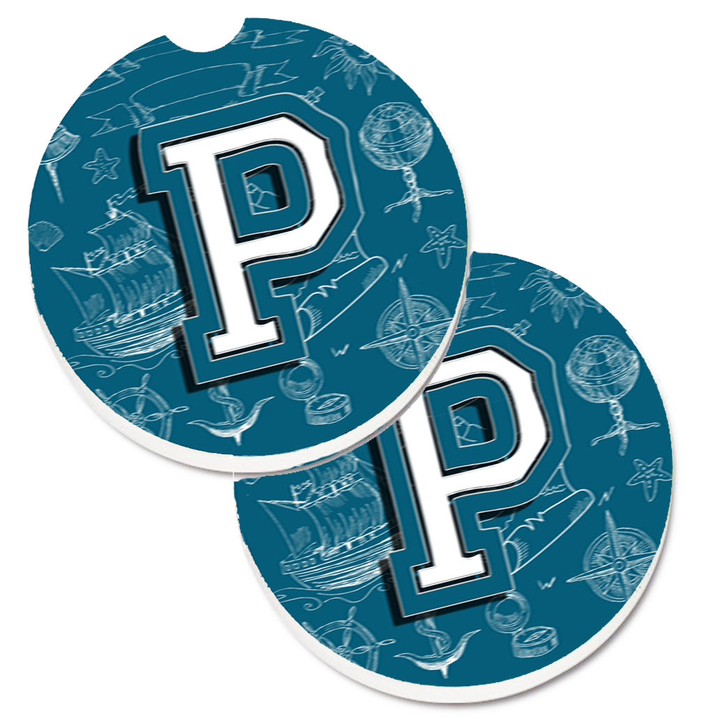 CJ2014-PCARC Letter P Sea Doodles Initial Alphabet Set of 2 Cup Holder Car Coaster