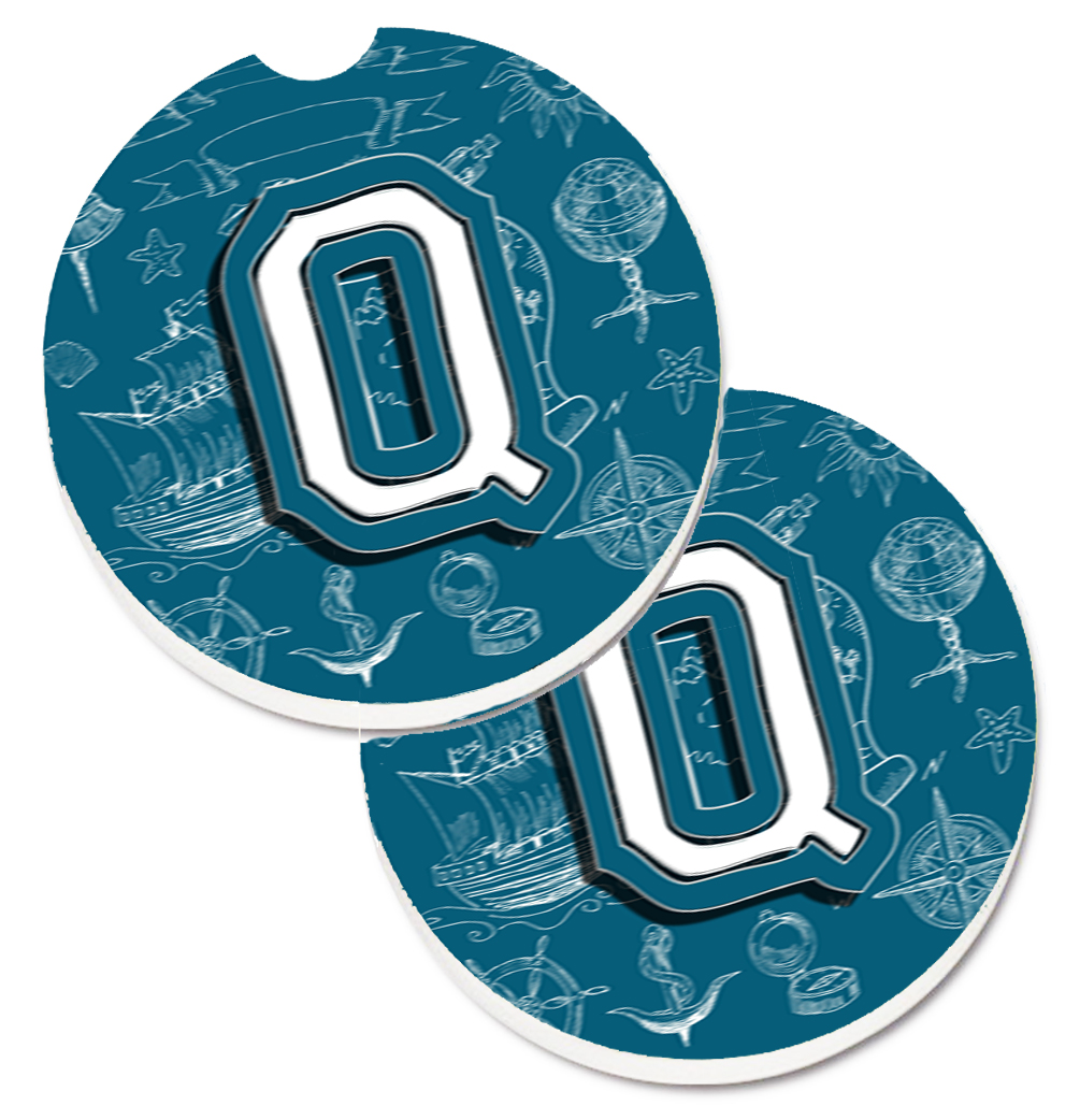 CJ2014-QCARC Letter Q Sea Doodles Initial Alphabet Set of 2 Cup Holder Car Coaster