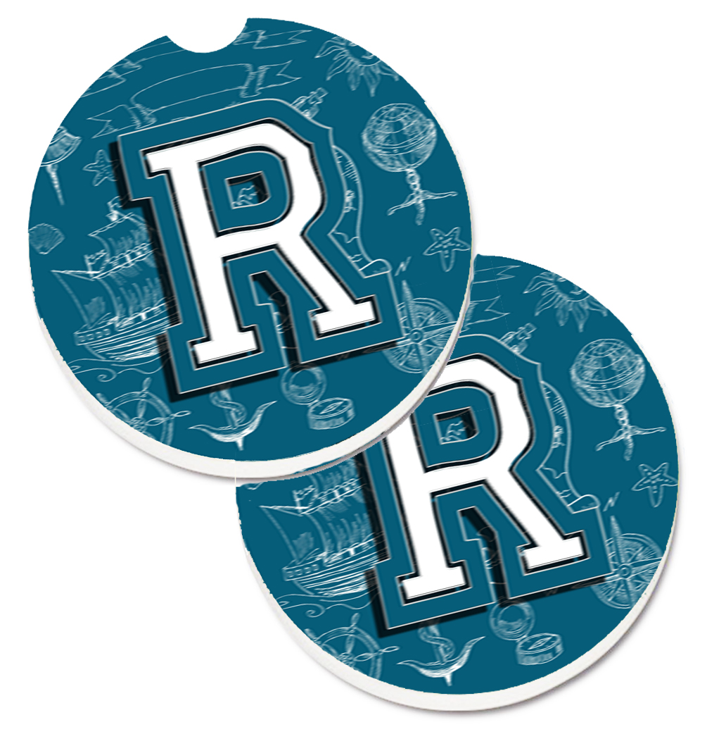 CJ2014-RCARC Letter R Sea Doodles Initial Alphabet Set of 2 Cup Holder Car Coaster