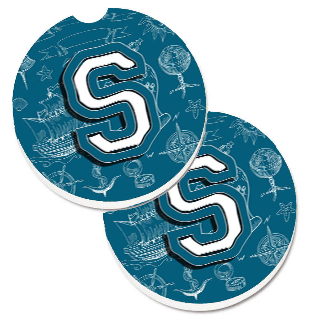 CJ2014-SCARC Letter S Sea Doodles Initial Alphabet Set of 2 Cup Holder Car Coaster