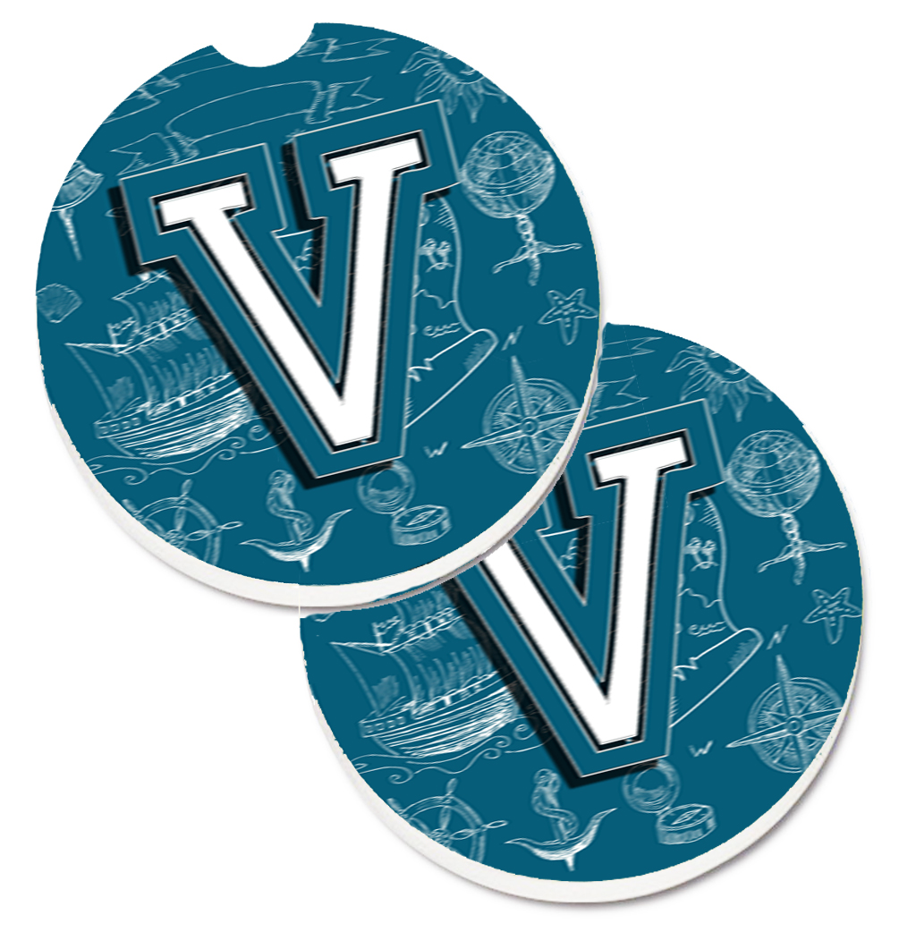 CJ2014-VCARC Letter V Sea Doodles Initial Alphabet Set of 2 Cup Holder Car Coaster