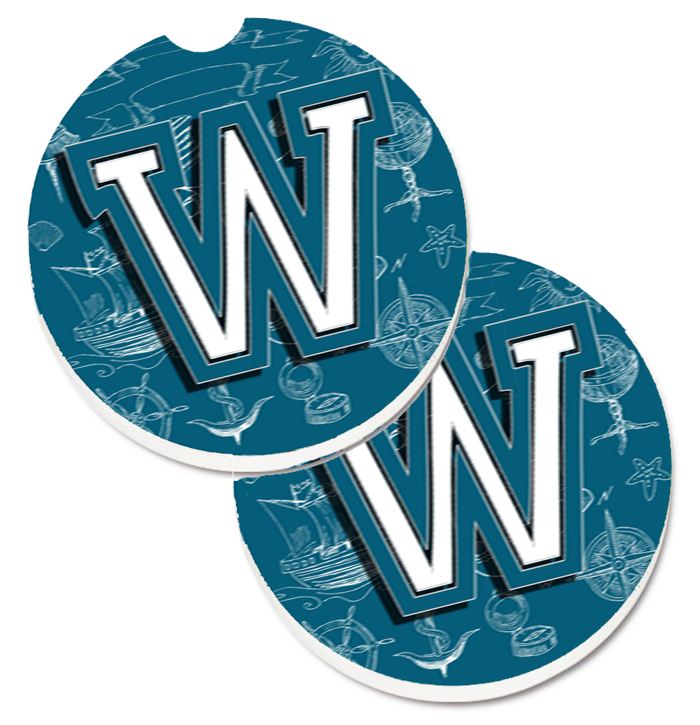 CJ2014-WCARC Letter W Sea Doodles Initial Alphabet Set of 2 Cup Holder Car Coaster