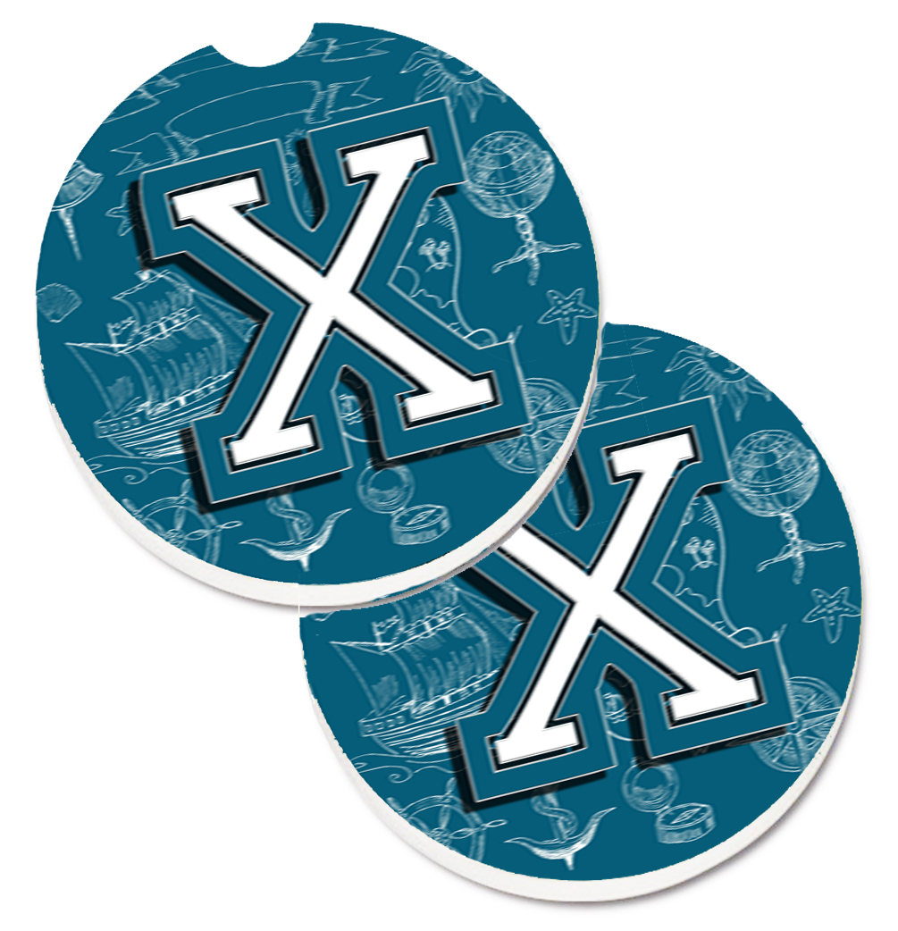 CJ2014-XCARC Letter X Sea Doodles Initial Alphabet Set of 2 Cup Holder Car Coaster