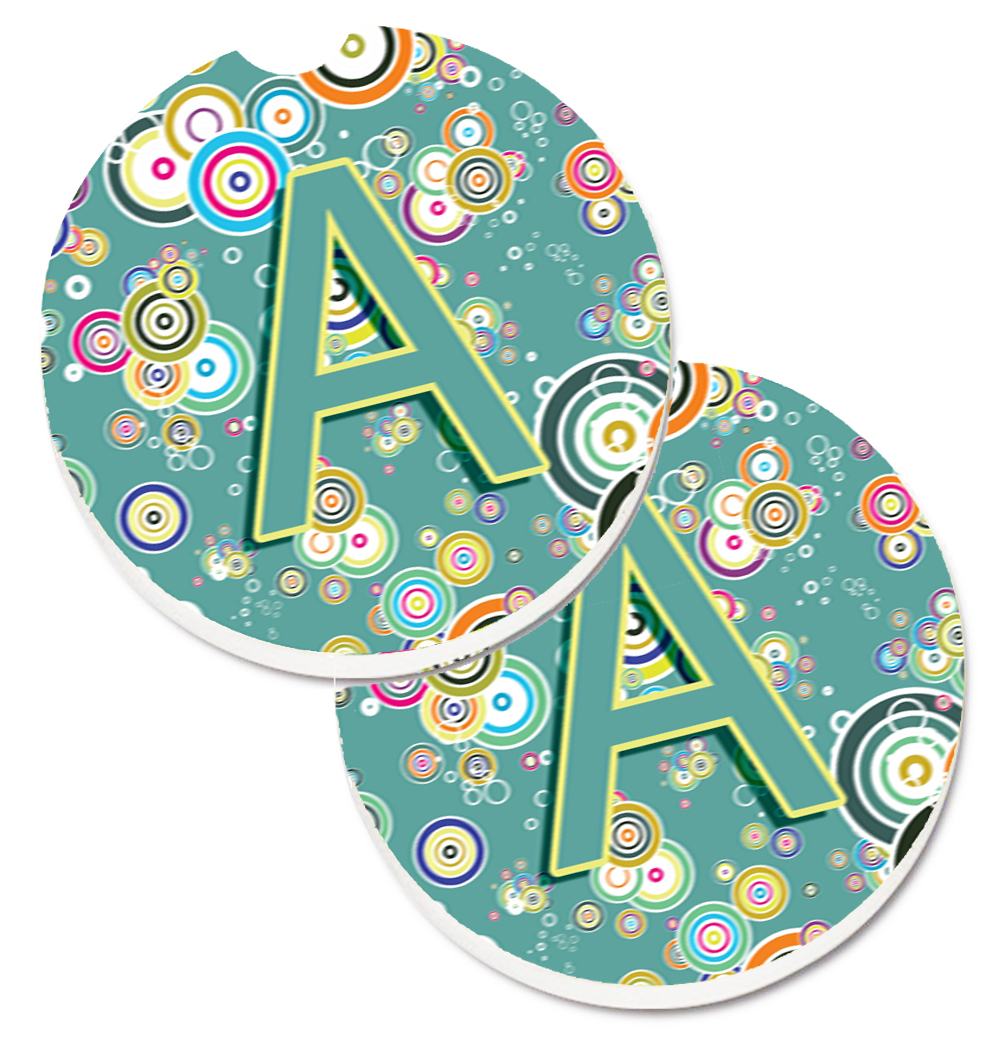 Letter A Circle Circle Teal Initial Alphabet Set of 2 Cup Holder Car Coaster
