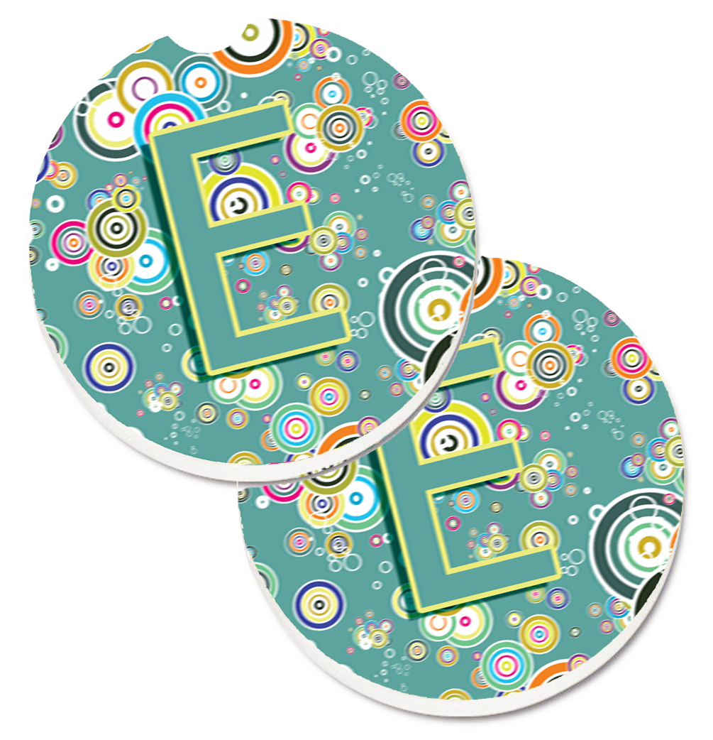 CJ2015-ECARC Letter E Circle Circle Teal Initial Alphabet Set of 2 Cup Holder Car Coaster