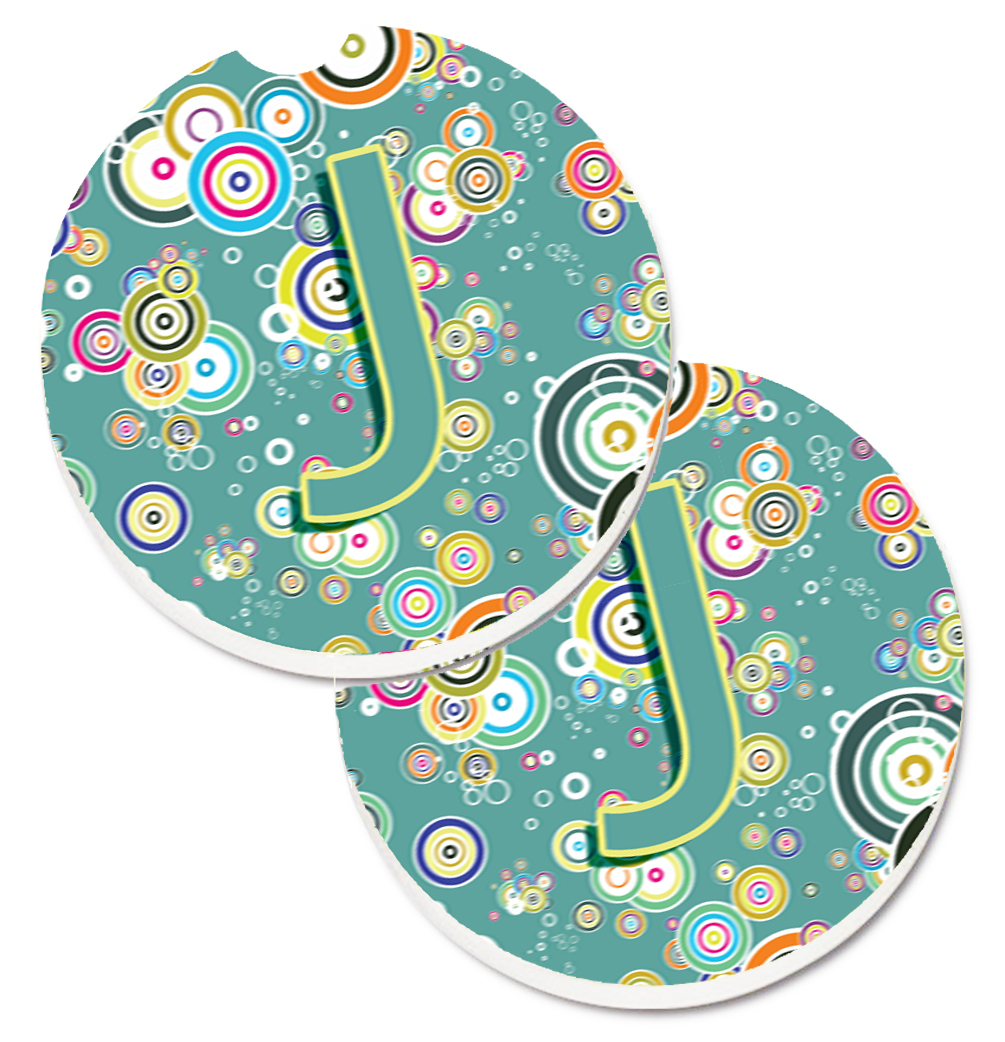 Letter J Circle Circle Teal Initial Alphabet Set of 2 Cup Holder Car Coaster