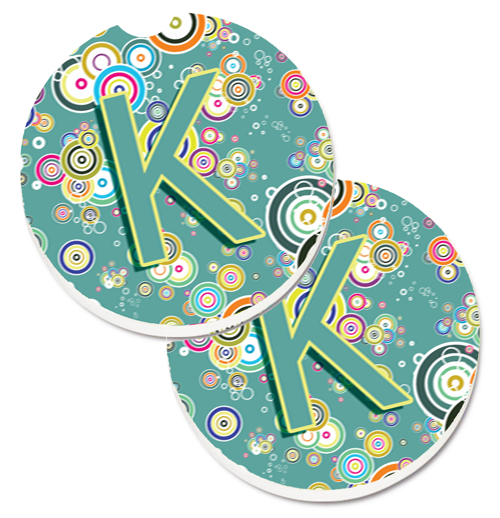 CJ2015-KCARC Letter K Circle Circle Teal Initial Alphabet Set of 2 Cup Holder Car Coaster
