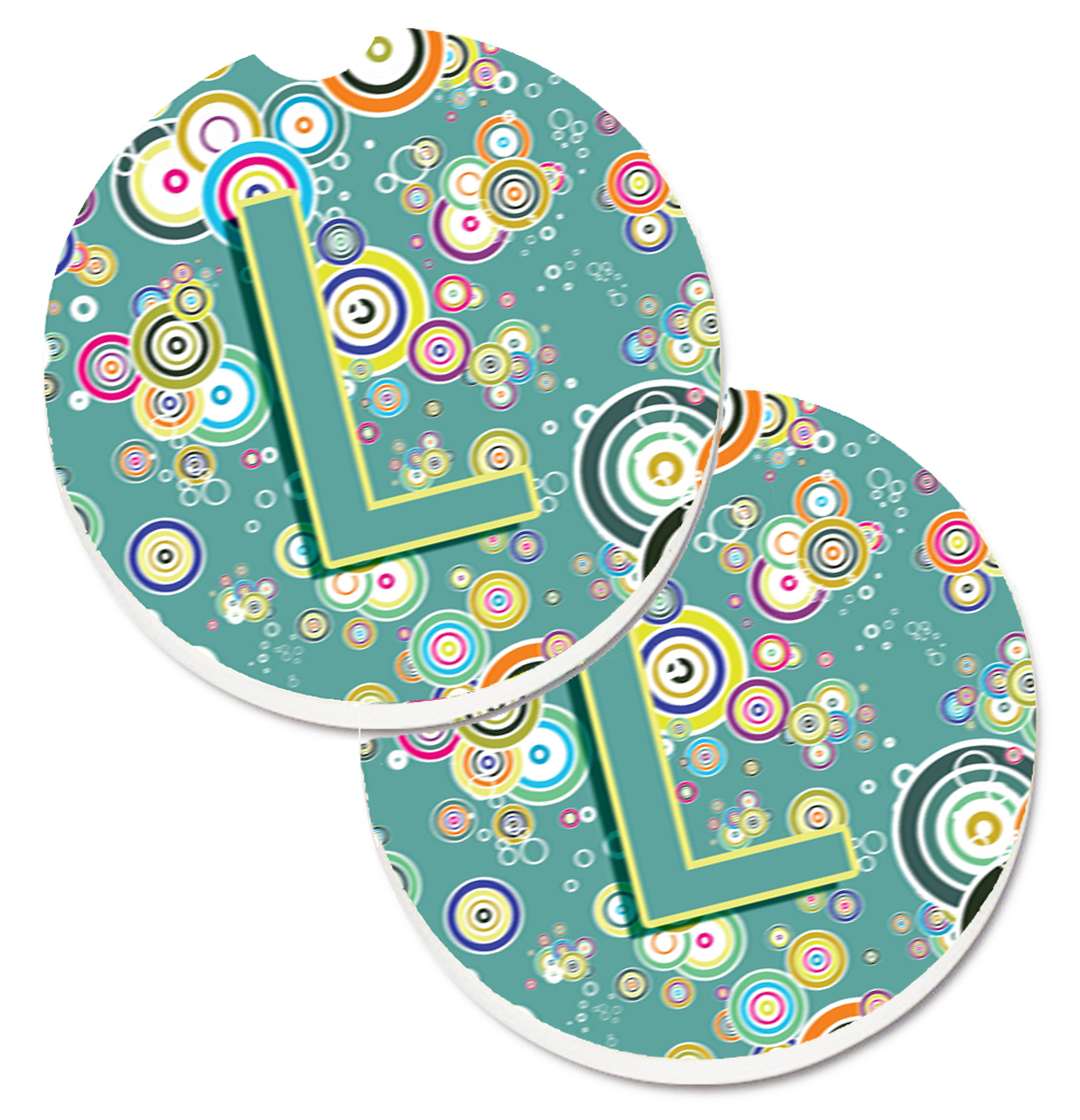 CJ2015-LCARC Letter L Circle Circle Teal Initial Alphabet Set of 2 Cup Holder Car Coaster