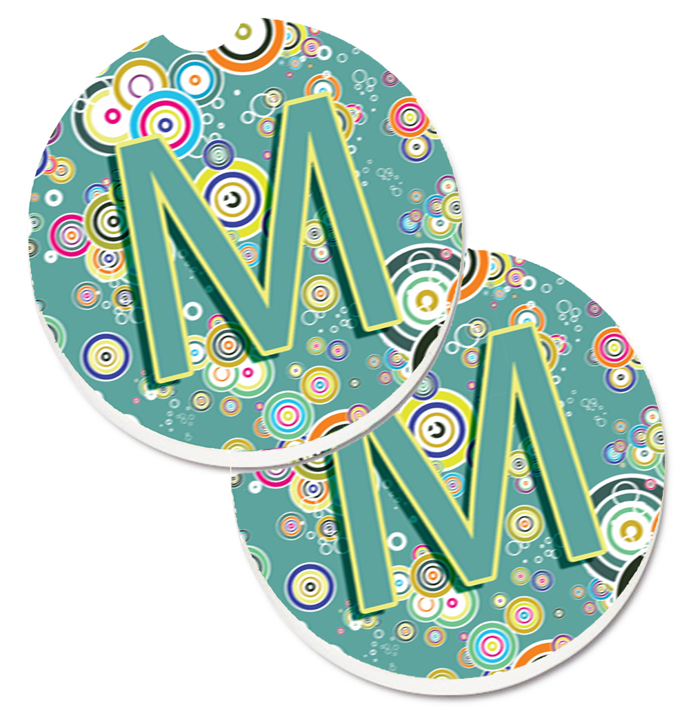 CJ2015-MCARC Letter M Circle Circle Teal Initial Alphabet Set of 2 Cup Holder Car Coaster