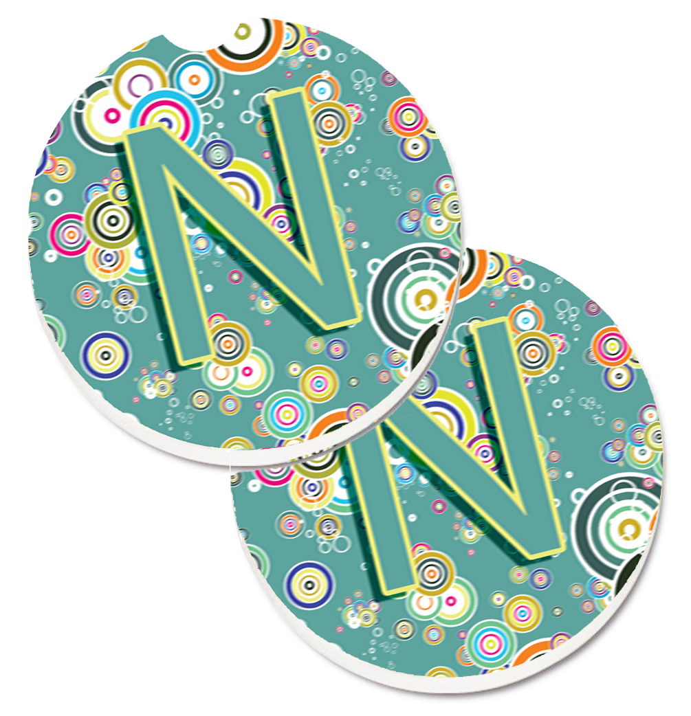 CJ2015-NCARC Letter N Circle Circle Teal Initial Alphabet Set of 2 Cup Holder Car Coaster