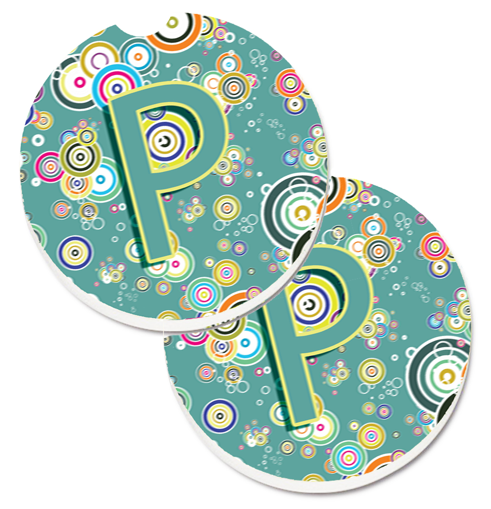 CJ2015-PCARC Letter P Circle Circle Teal Initial Alphabet Set of 2 Cup Holder Car Coaster