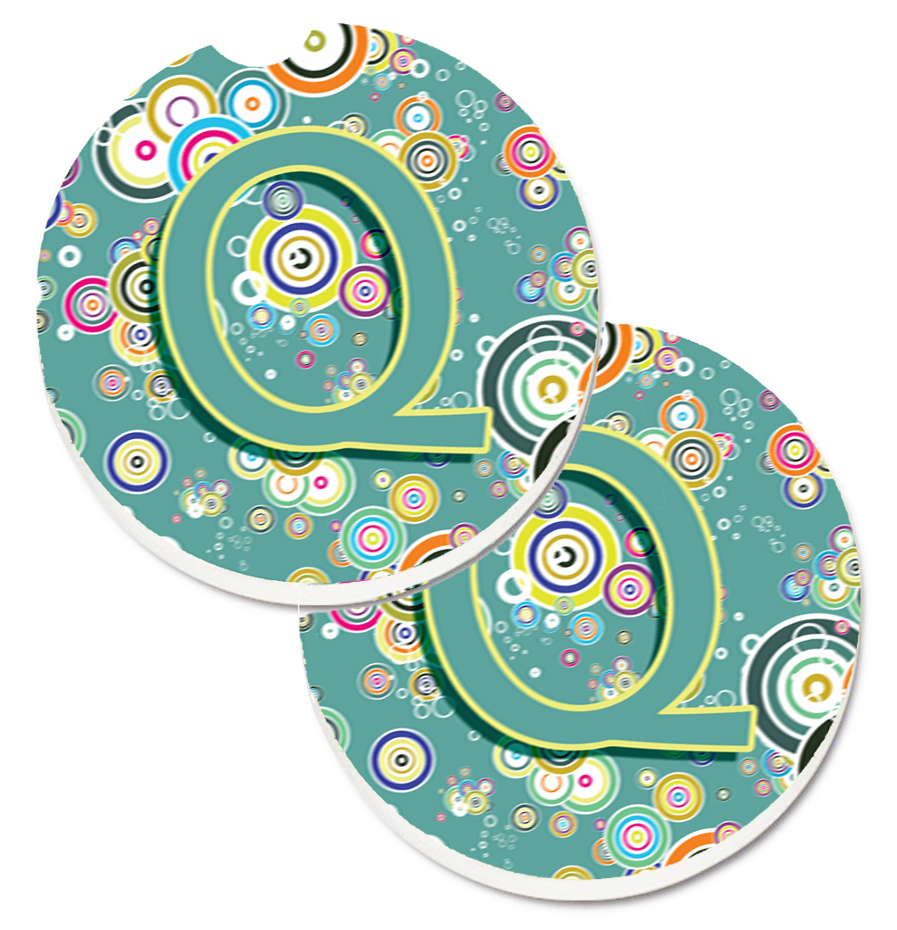 CJ2015-QCARC Letter Q Circle Circle Teal Initial Alphabet Set of 2 Cup Holder Car Coaster