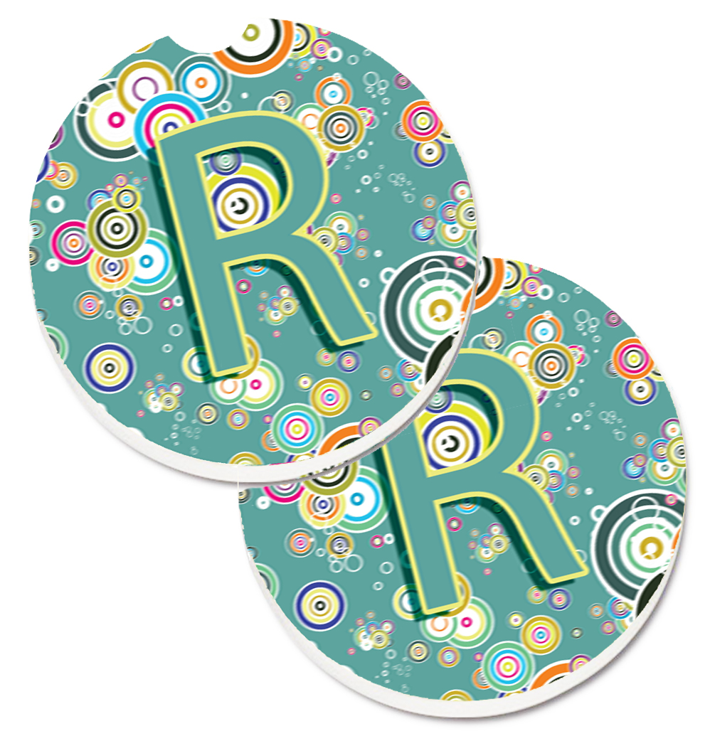 CJ2015-RCARC Letter R Circle Circle Teal Initial Alphabet Set of 2 Cup Holder Car Coaster