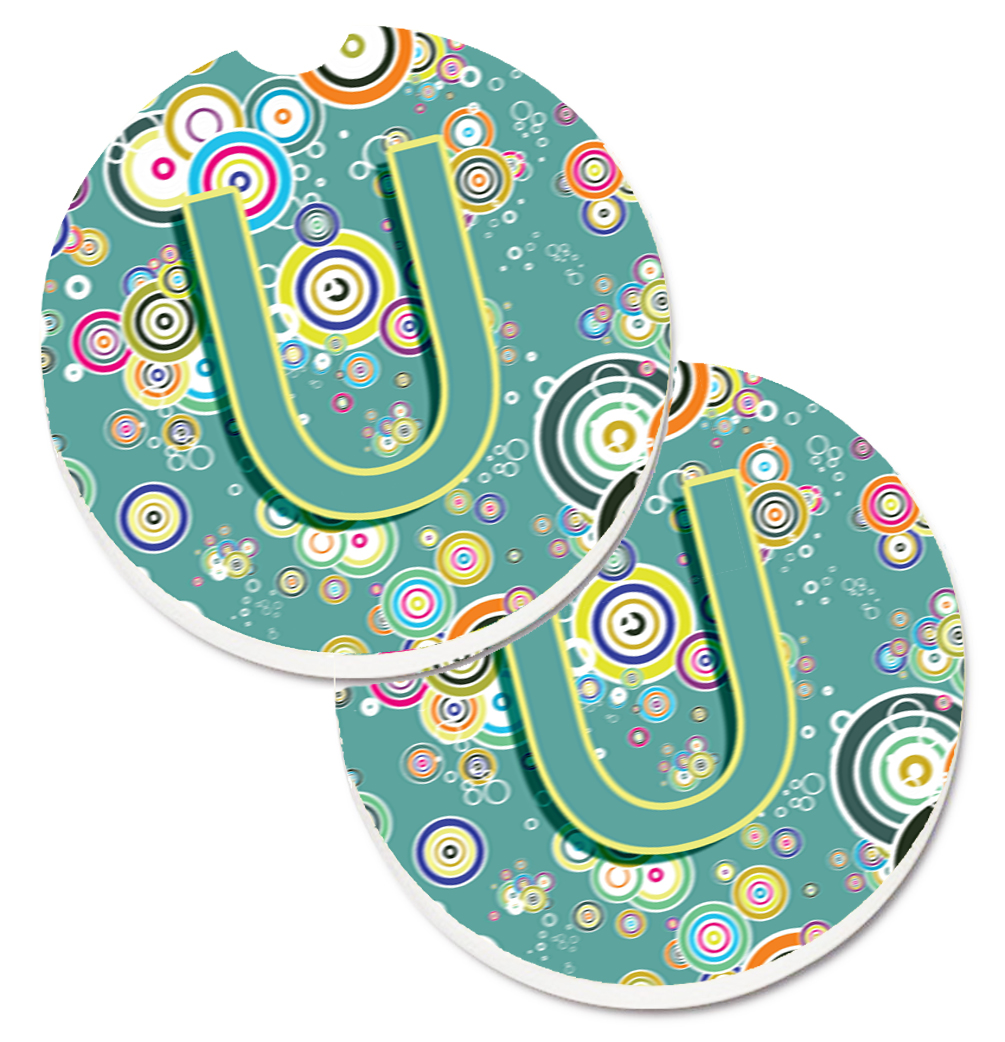 CJ2015-UCARC Letter U Circle Circle Teal Initial Alphabet Set of 2 Cup Holder Car Coaster