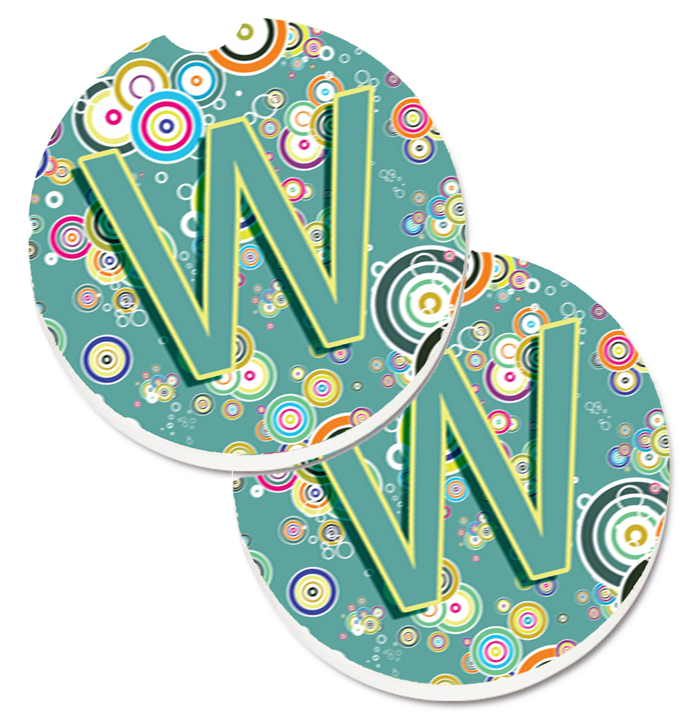 CJ2015-WCARC Letter W Circle Circle Teal Initial Alphabet Set of 2 Cup Holder Car Coaster