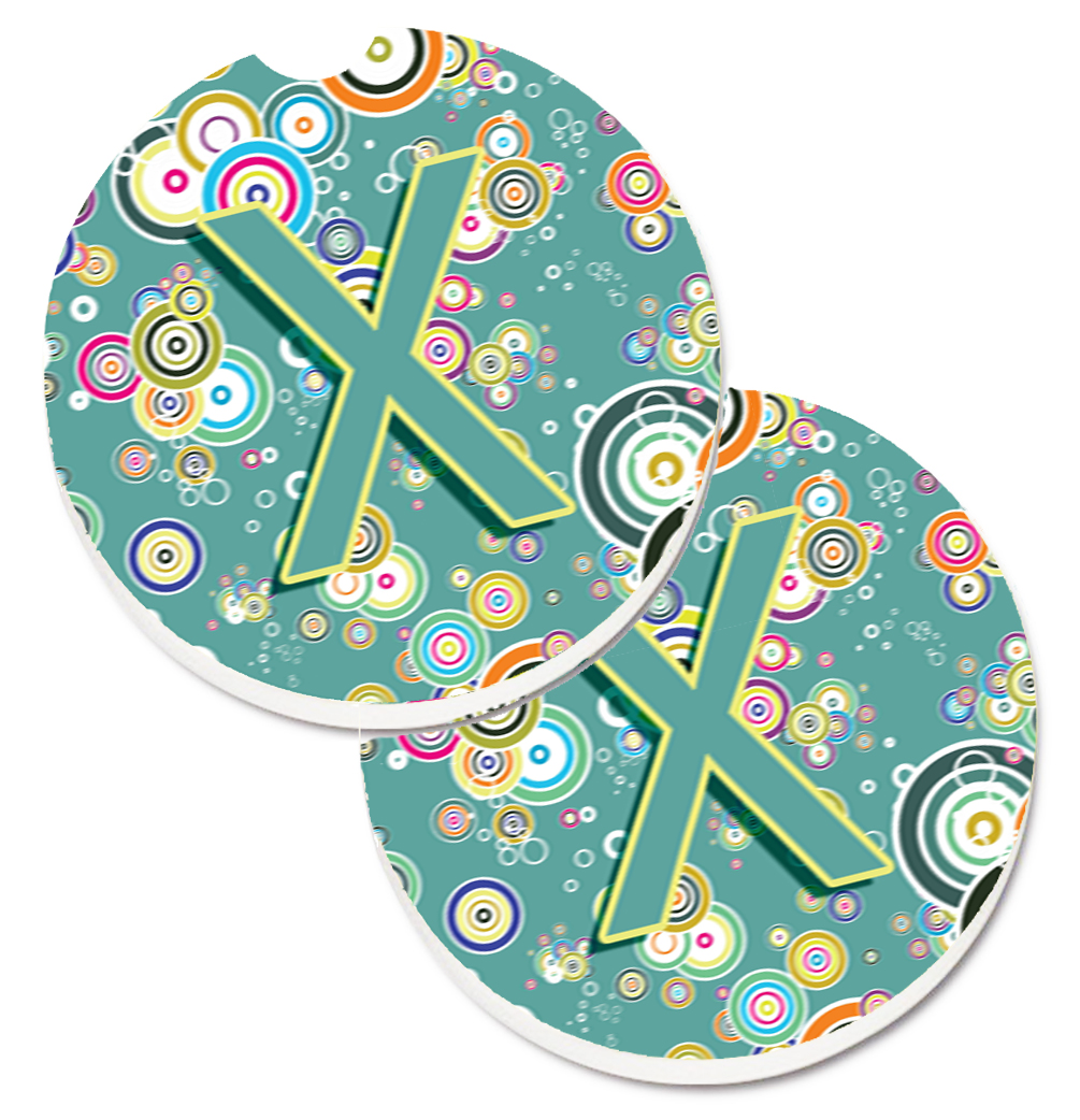 CJ2015-XCARC Letter X Circle Circle Teal Initial Alphabet Set of 2 Cup Holder Car Coaster