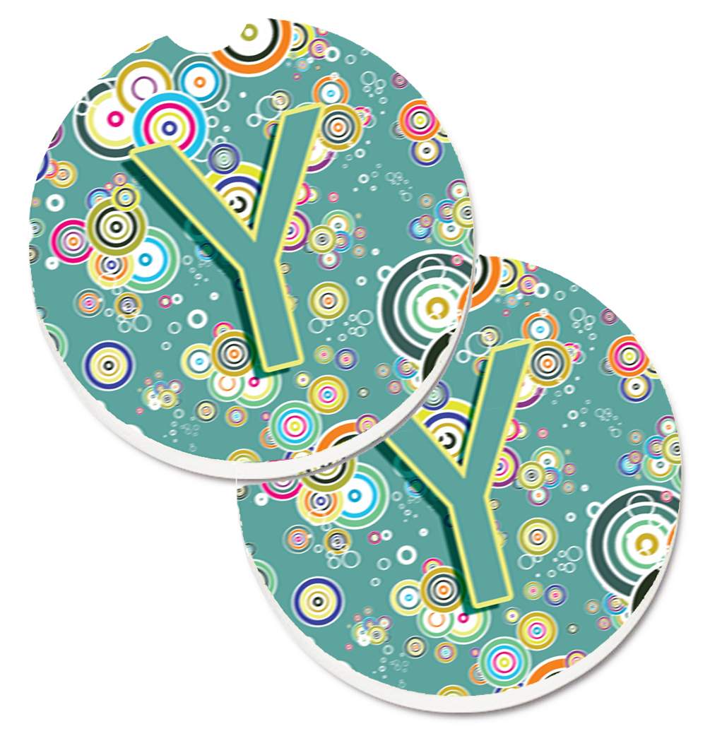 CJ2015-YCARC Letter Y Circle Circle Teal Initial Alphabet Set of 2 Cup Holder Car Coaster