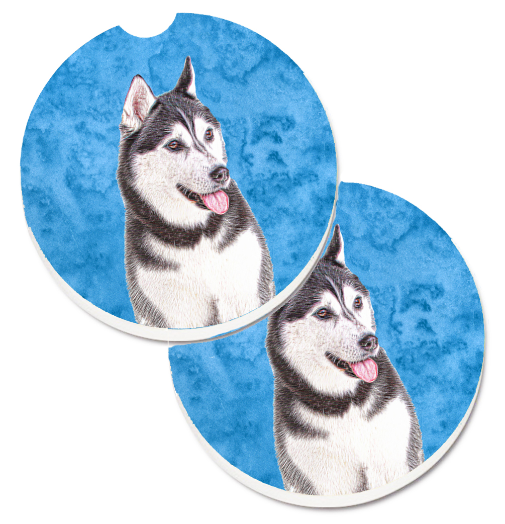 Blue Alaskan Malamute Set of 2 Cup Holder Car Coaster - Blue