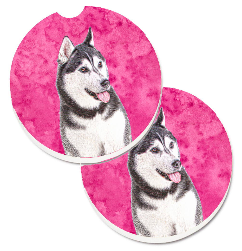 Pink Alaskan Malamute Set of 2 Cup Holder Car Coaster
