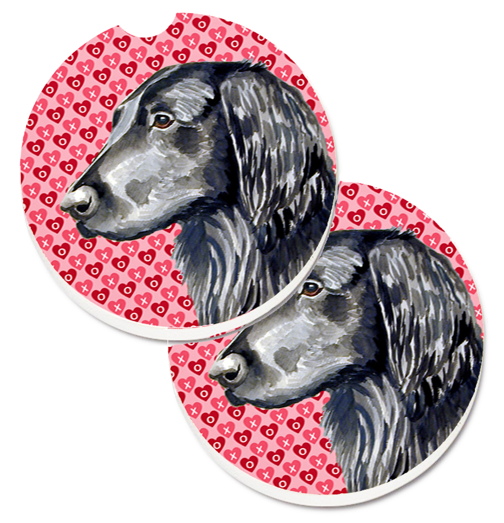 LH9141CARC Flat Coated Retriever Hearts Love & Valentines Day Portrait Set of 2 Cup Holder Car Coaster
