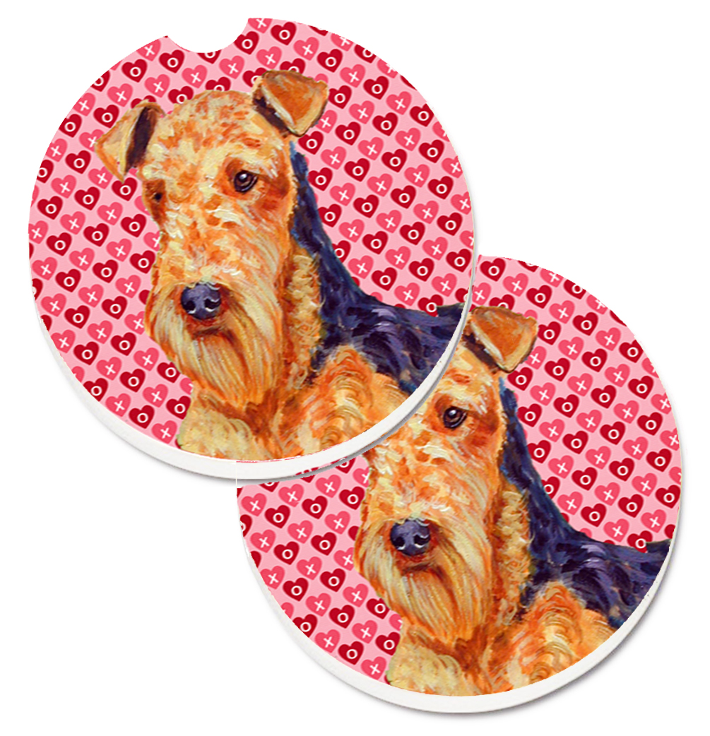 LH9156CARC Airedale Hearts Love & Valentines Day Portrait Set of 2 Cup Holder Car Coaster