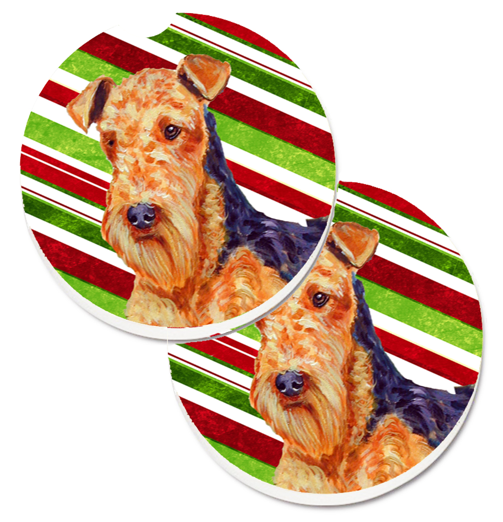 LH9246CARC Airedale Candy Cane Holiday Christmas Set of 2 Cup Holder Car Coaster