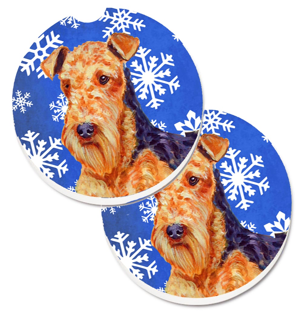 LH9291CARC Airedale Winter Snowflakes Holiday Set of 2 Cup Holder Car Coaster