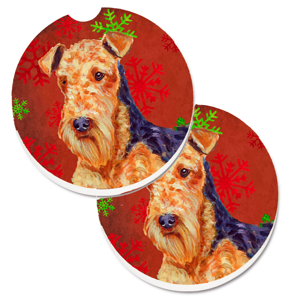 LH9336CARC Airedale Red & Green Snowflakes Holiday Christmas Set of 2 Cup Holder Car Coaster