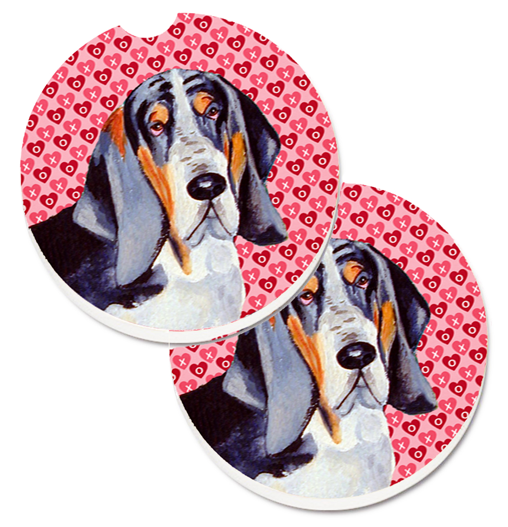 Basset Hound Hearts Love & Valentines Day Portrait Set of 2 Cup Holder Car Coaster