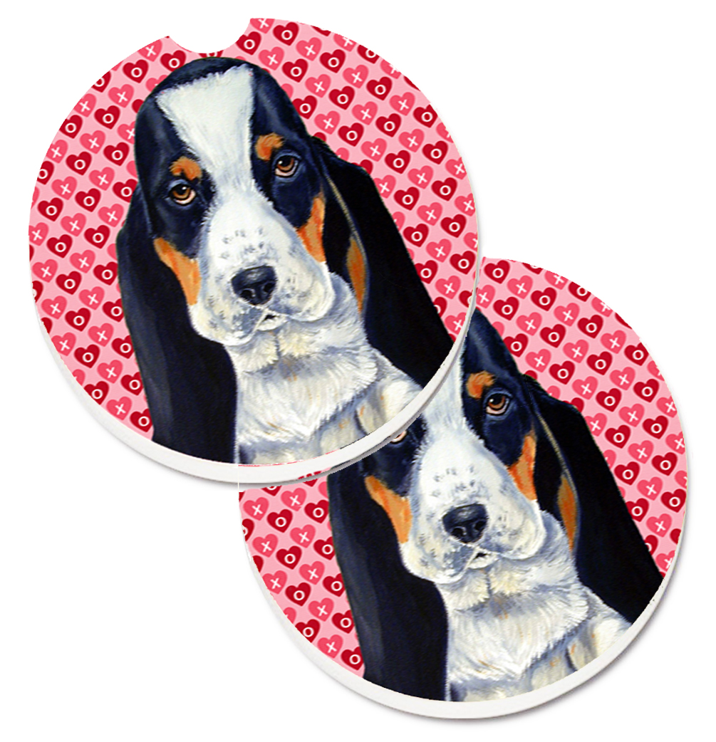 Basset Hound Hearts Love & Valentines Day Portrait Set of 2 Cup Holder Car Coaster